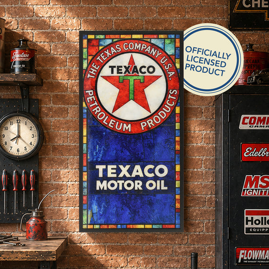Vintage Texaco Motor Oil Framed Stained Glass Style Wall Sign, Glass Panel Decor