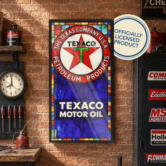Vintage Texaco Motor Oil Framed Stained Glass Style Wall Sign, Glass Panel Decor