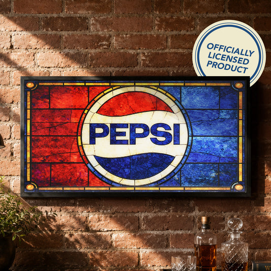 Vintage Pepsi Soda Logo Framed Stained Glass Style Wall Sign, Glass Panel Decor