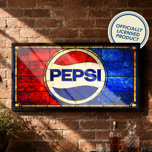 Vintage Pepsi Soda Logo Framed Stained Glass Style Wall Sign, Glass Panel Decor