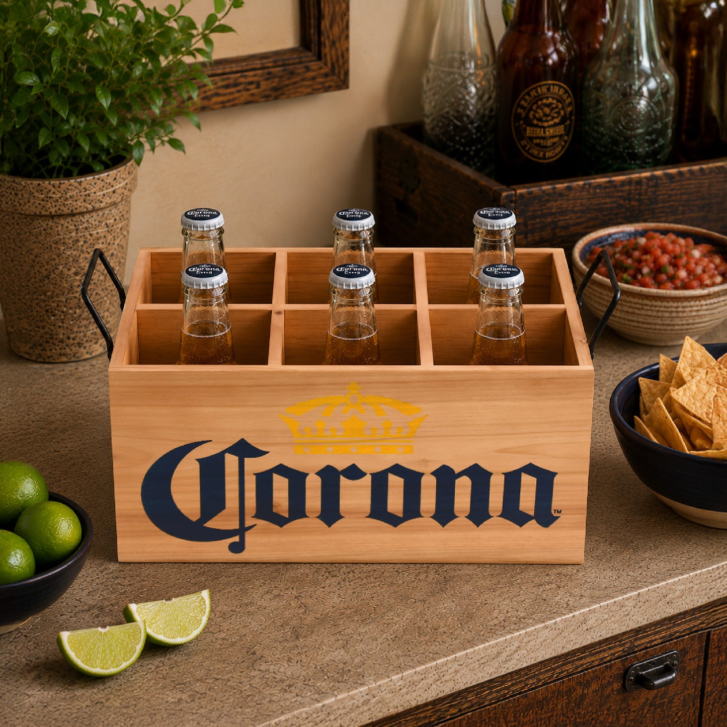 Officially licensed Corona Extra wooden six bottle beverage crate with divided compartments, natural wood finish, and black metal handles displayed as a rustic beer caddy for home bars and patios.
