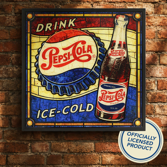 Vintage Pepsi-Cola Ice-Cold Framed Stained Glass Style Wall Sign, Glass Panel Decor