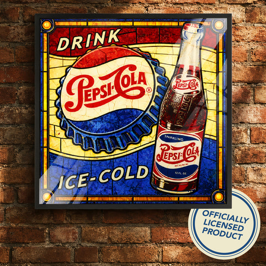 Vintage Pepsi-Cola Ice-Cold Framed Stained Glass Style Wall Sign, Glass Panel Decor