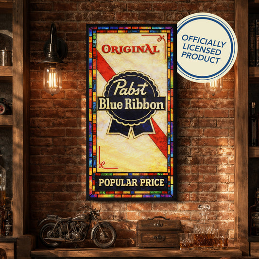 Vintage Pabst Blue Ribbon PBR Framed Stained Glass Wall Style Sign, Glass Panel Decor