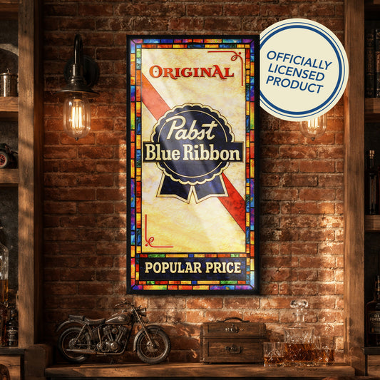 Vintage Pabst Blue Ribbon PBR Framed Stained Glass Wall Style Sign, Glass Panel Decor