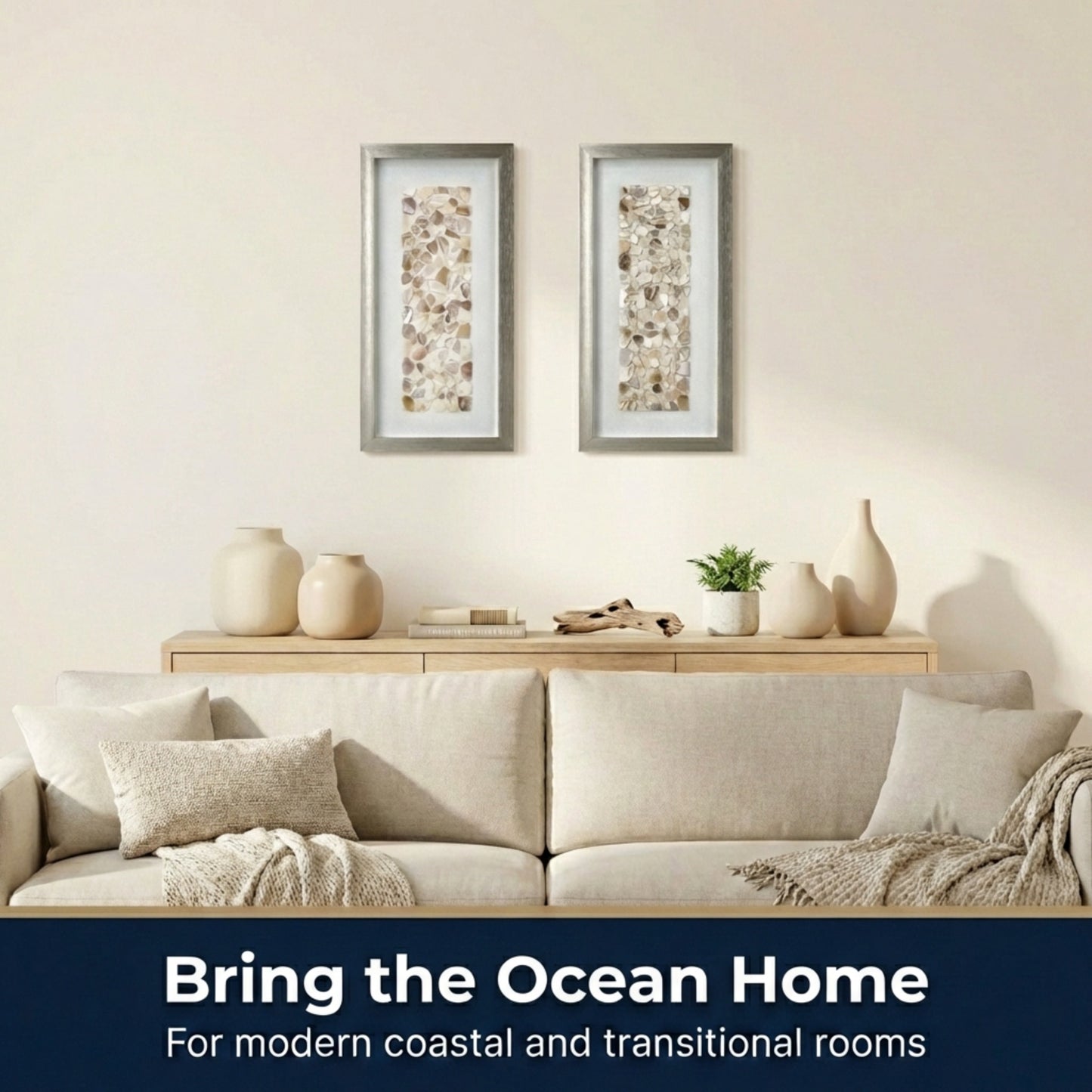 Handcrafted Neutral Seashell Mosaic Panel Wall Art Decor with Champagne Frame - 2 Piece Set