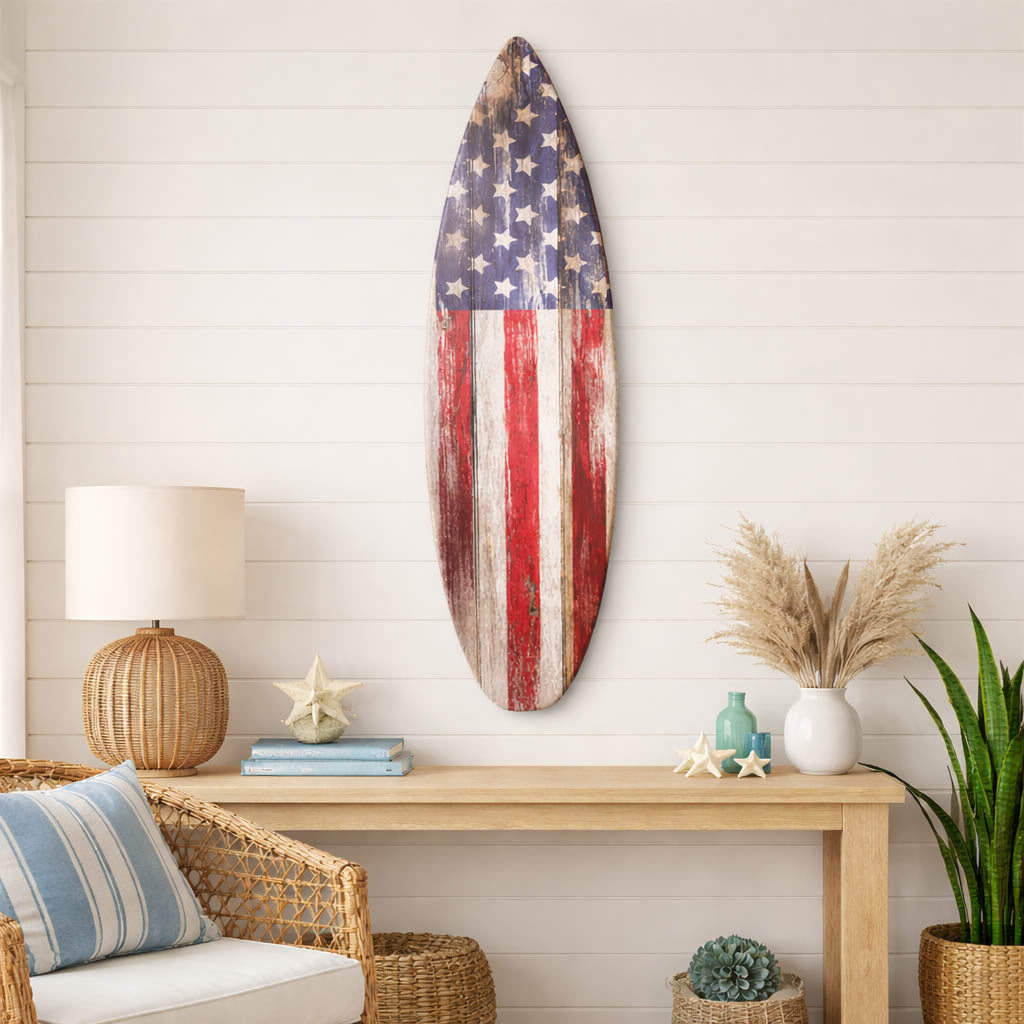American Flag Surfboard Plaque Wall Decor - 60"x15"