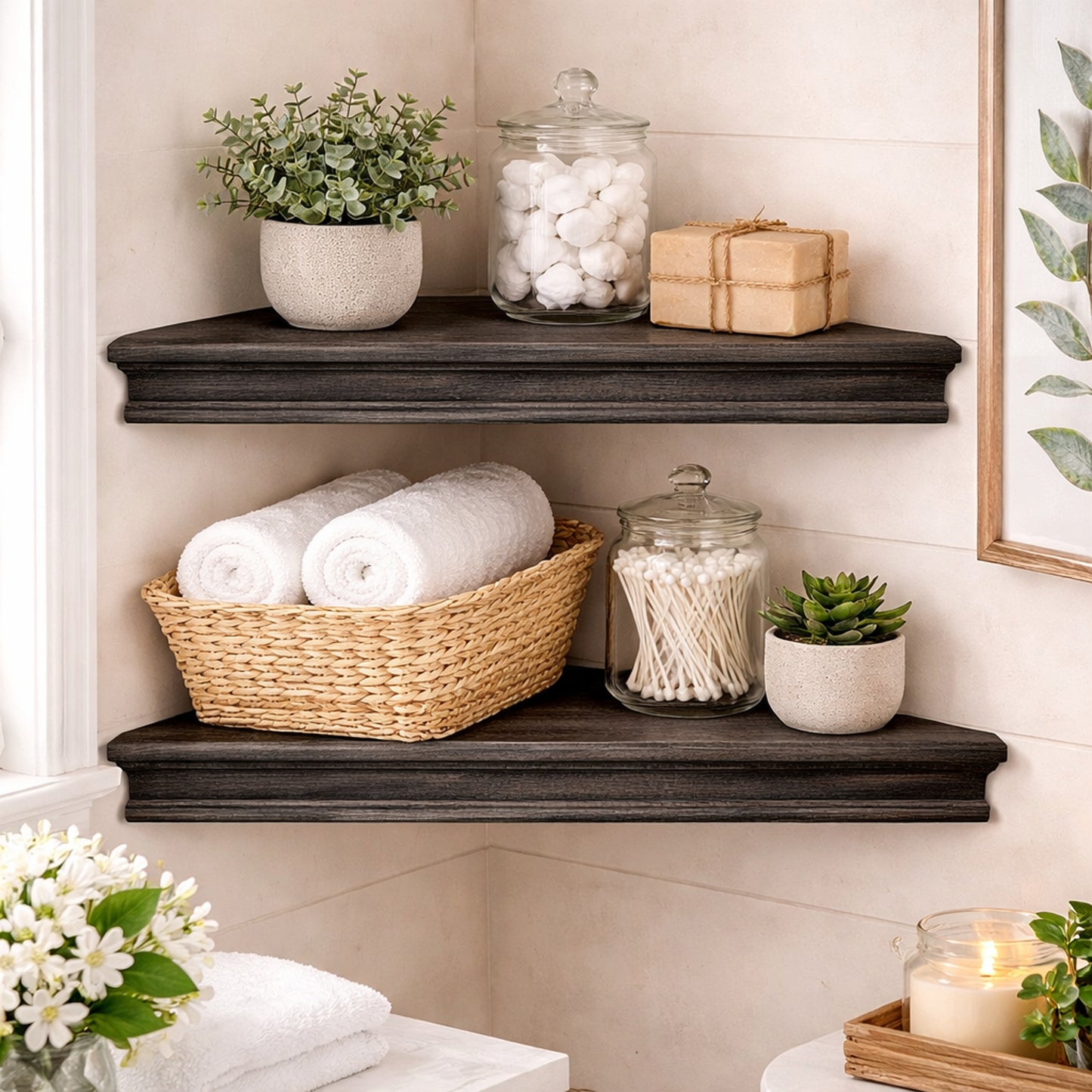 Beveled Wood Floating Corner Shelves (Set of 2) - Black