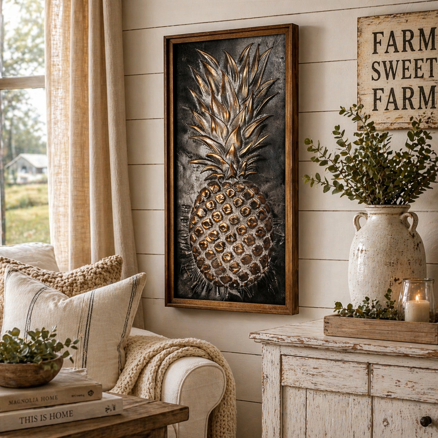Metal Framed Pineapple Wooden Art