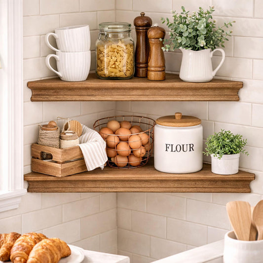 Beveled Wood Floating Corner Shelves (Set of 2) - Walnut Brown