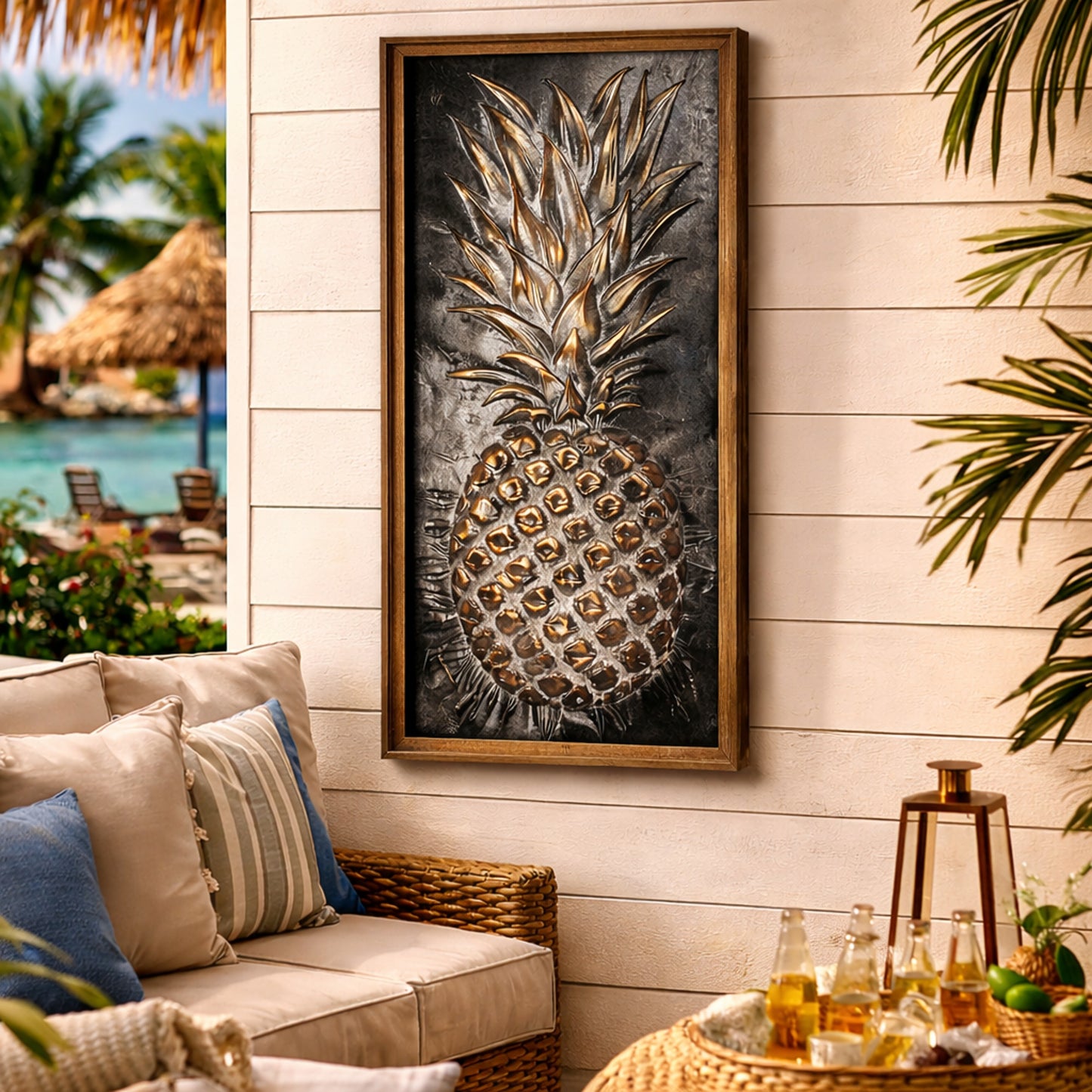 Metal Framed Pineapple Wooden Art