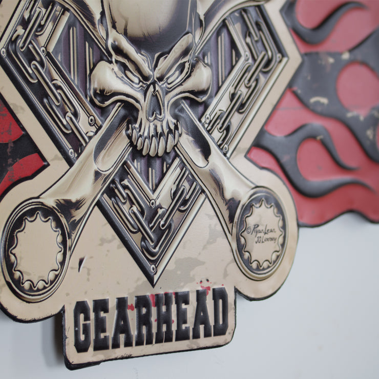 Gearhead Skull Embossed Metal Sign