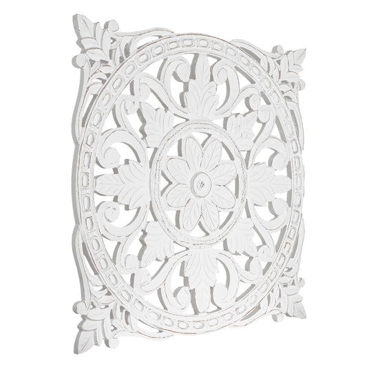 Hand-Carved Square Floral Wood Medallion – White (30”)