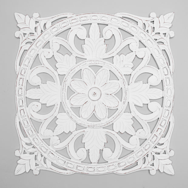 Hand-Carved Square Floral Wood Medallion – White (30”)