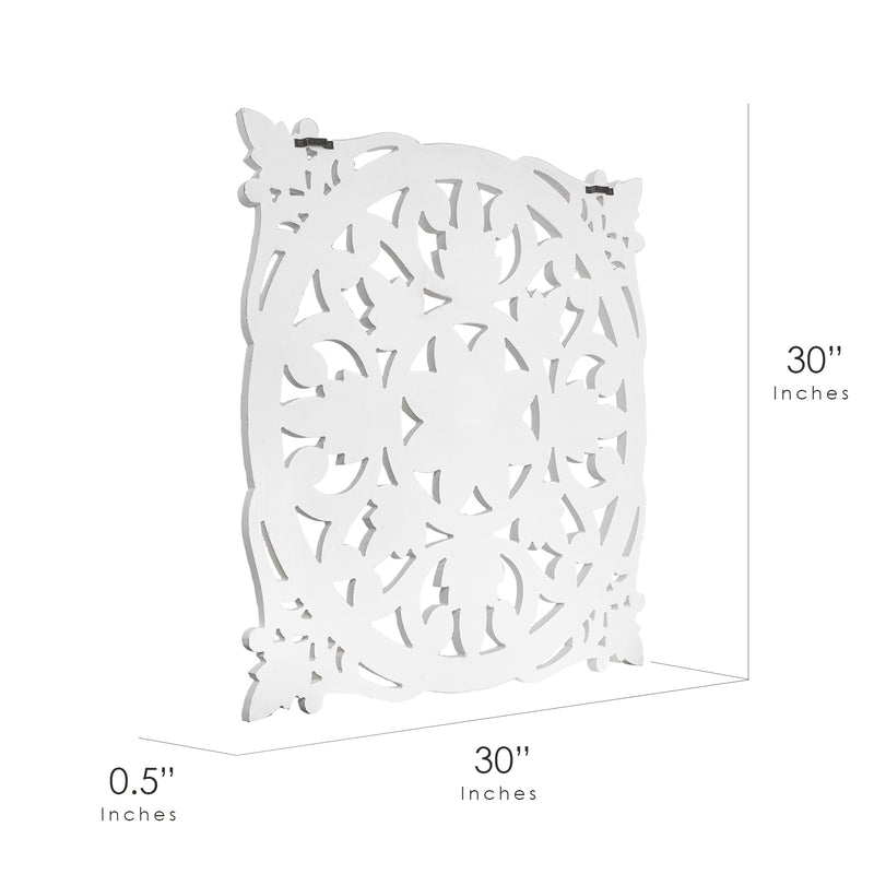 HandCarved Square Floral Wood Medallion White (30”)