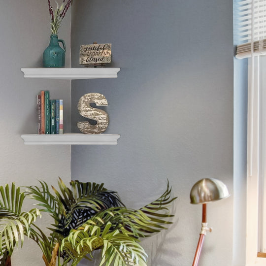Beveled Wood Floating Corner Shelves (Set of 2) White