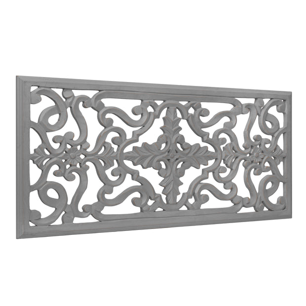 Hand-Carved Floral Wood Panel and Wall Decor, Gray