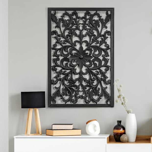 Hand-Carved Floral Wood Medallion Wall Art – Black (36" x 24”)