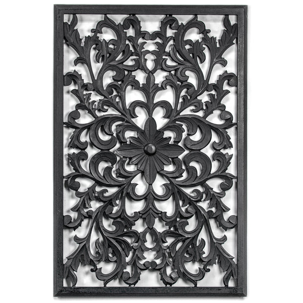 Hand-Carved Floral Wood Medallion Wall Art – Black (36" x 24”)