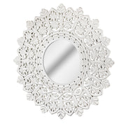Hand-Carved Wood Medallion Sunburst Accent Mirror – White (31")