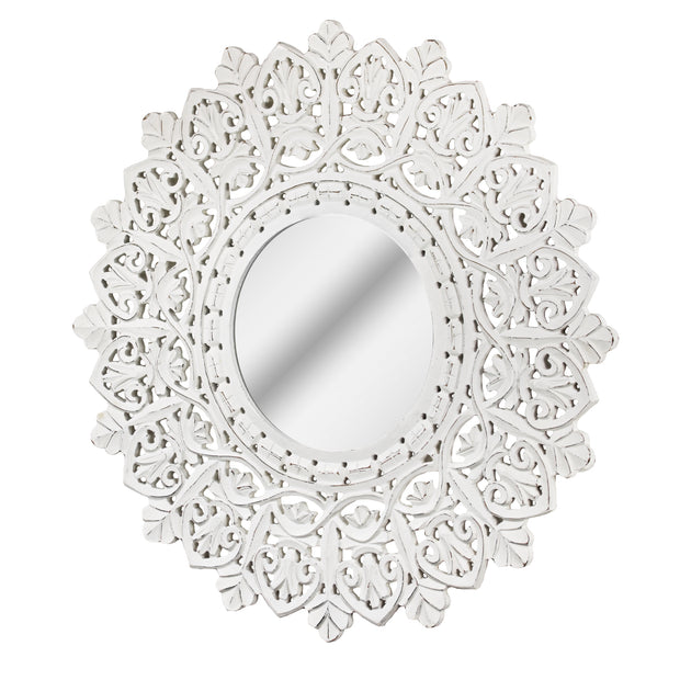 Hand-Carved Wood Medallion Sunburst Accent Mirror – White (31")