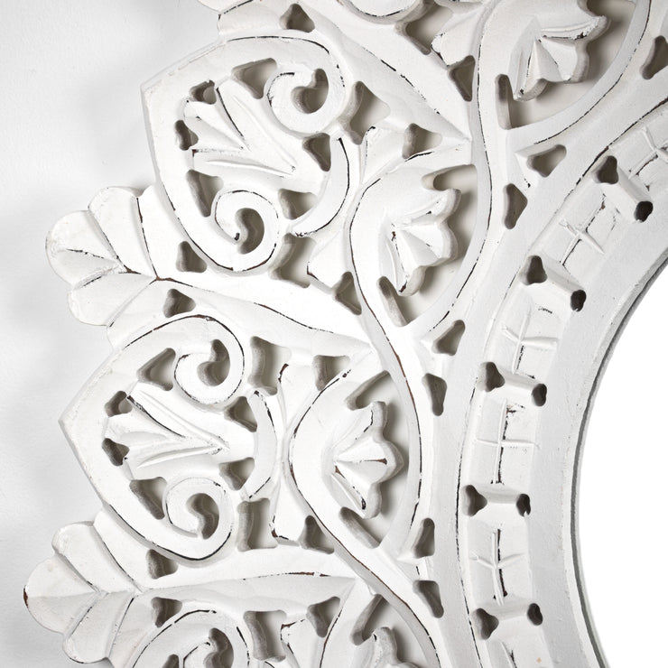 Hand-Carved Wood Medallion Sunburst Accent Mirror – White (31")