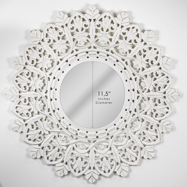 Hand-Carved Wood Medallion Sunburst Accent Mirror – White (31")