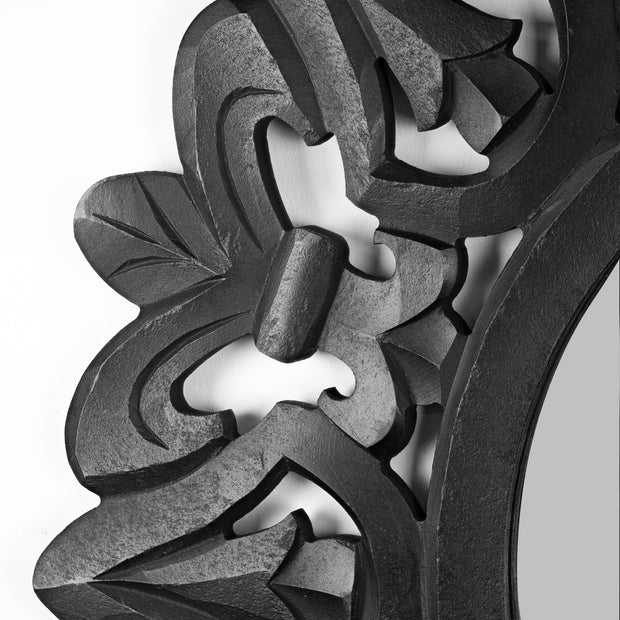 Hand-Carved Wood Medallion Sunburst Accent Mirror – Black (31")