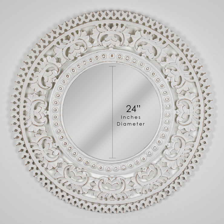 Hand-Carved Wood Medallion Accent Mirror – White (24")