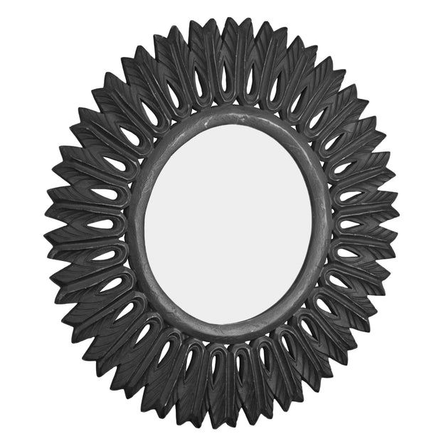 Hand-Carved Wood Medallion Sunburst Accent Mirror – Black (24")