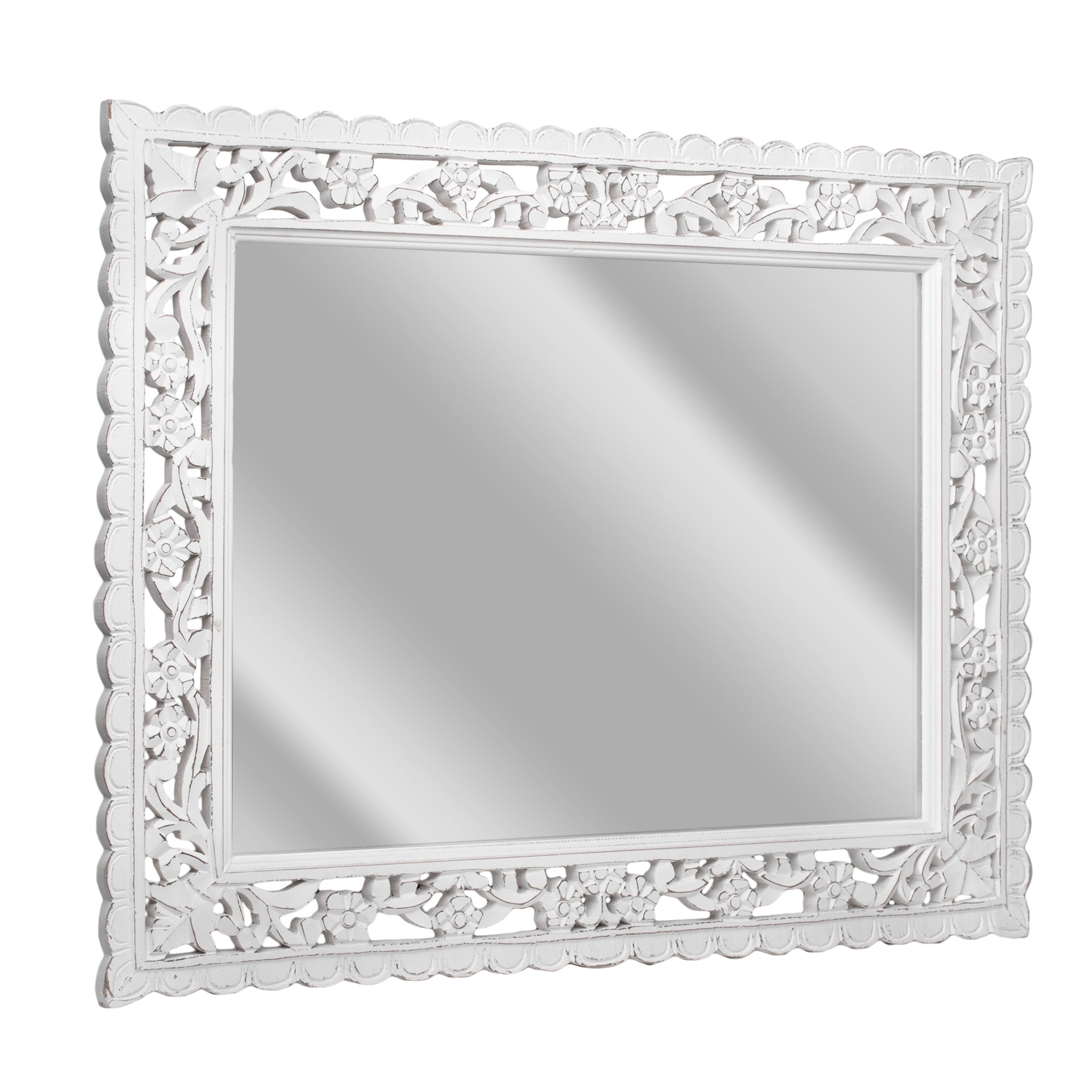 Hand-Carved Floral Wood Panel and Decor Mirror - White ...