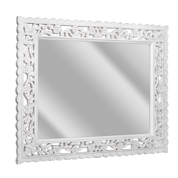 Hand-Carved Floral Wood Medallion Panel and Decor Mirror - White