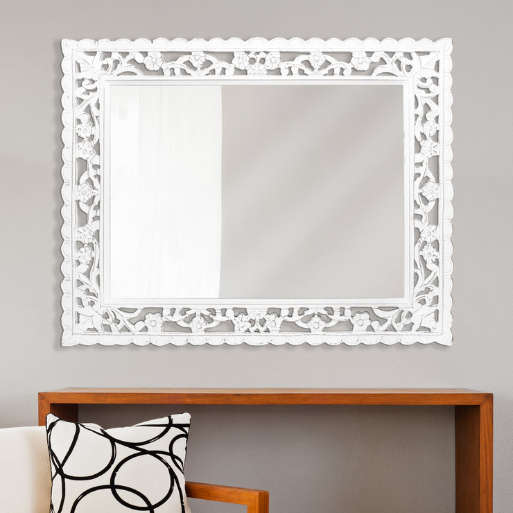 Hand-Carved Floral Wood Medallion Panel and Decor Mirror - White