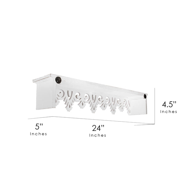 Hand-Carved Wood Floating Wall Shelf - Whitewashed (24”)