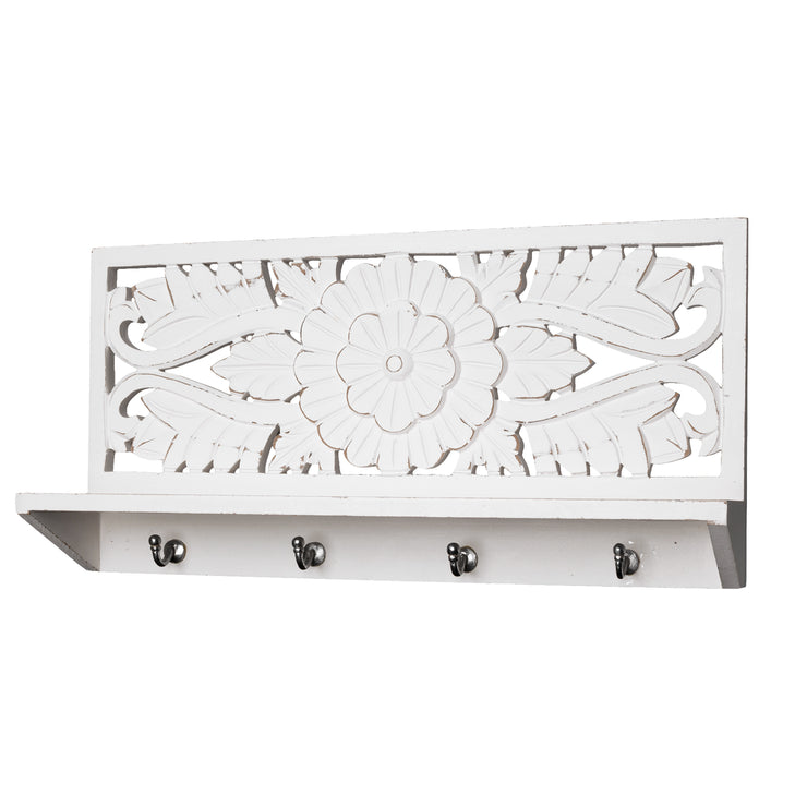 Carved Wooden Wall Shelf and Coat Rack – White (24”)
