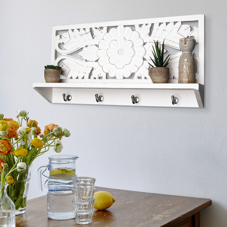 Carved Wooden Wall Shelf and Coat Rack – White (24”)