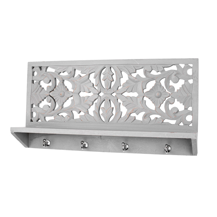 Hand-Carved Wall Shelf and Coat Rack – Dove Grey (24”)