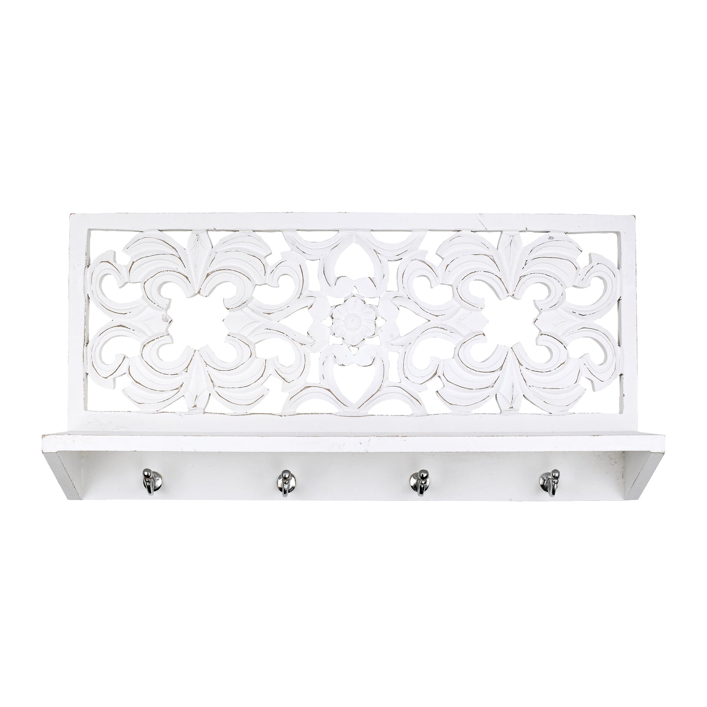 Hand-Carved Wall Shelf and Coat Rack - White (24")