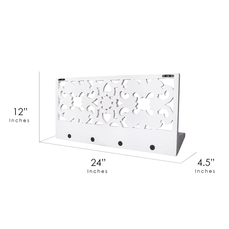 Hand-Carved Wall Shelf and Coat Rack – White (24”)