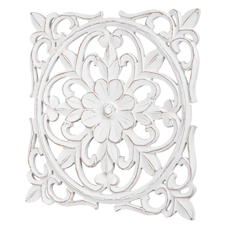 Distressed Floral Wall Medallion Home Decor – White (16”)