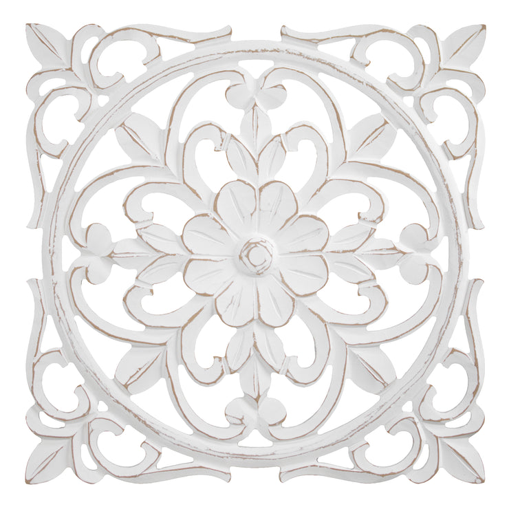 Distressed Floral Wall Medallion Home Decor – White (16”)