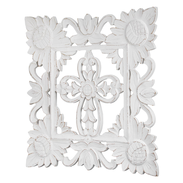 Hand-Carved Square Floral Cross Wall Medallion – White (24”)