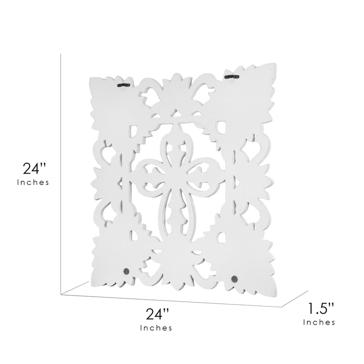 Hand-Carved Square Floral Cross Wall Medallion – White (24”)