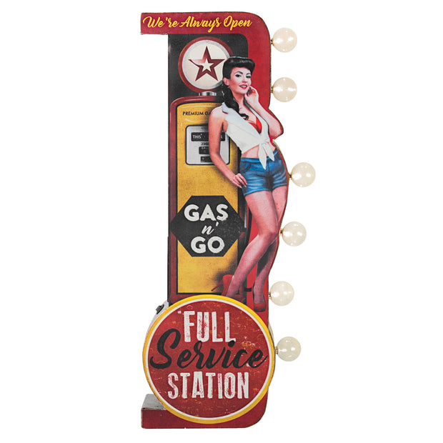 Gas n’ Go Pinup Girl Vintage LED Marquee Sign (30” x 15”)