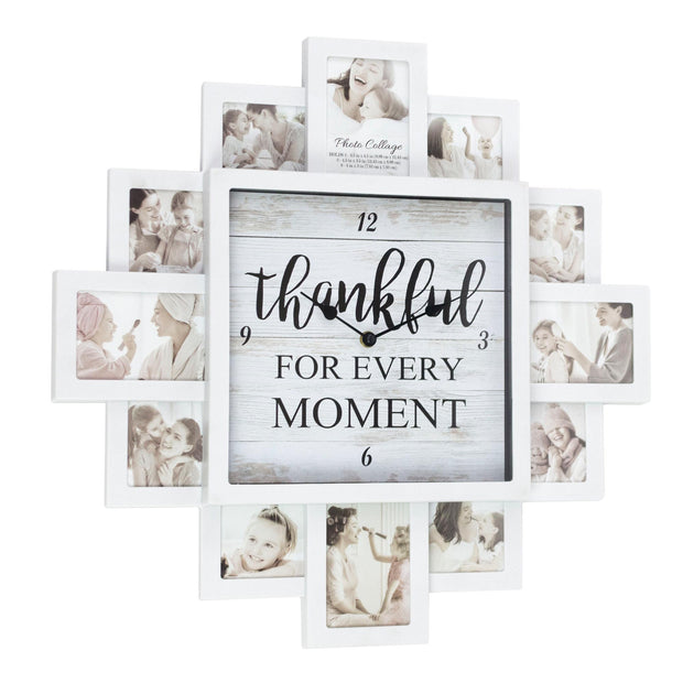 White Farmhouse Shabby-Chic "Thankful" Picture Frame Wall Collage Clock