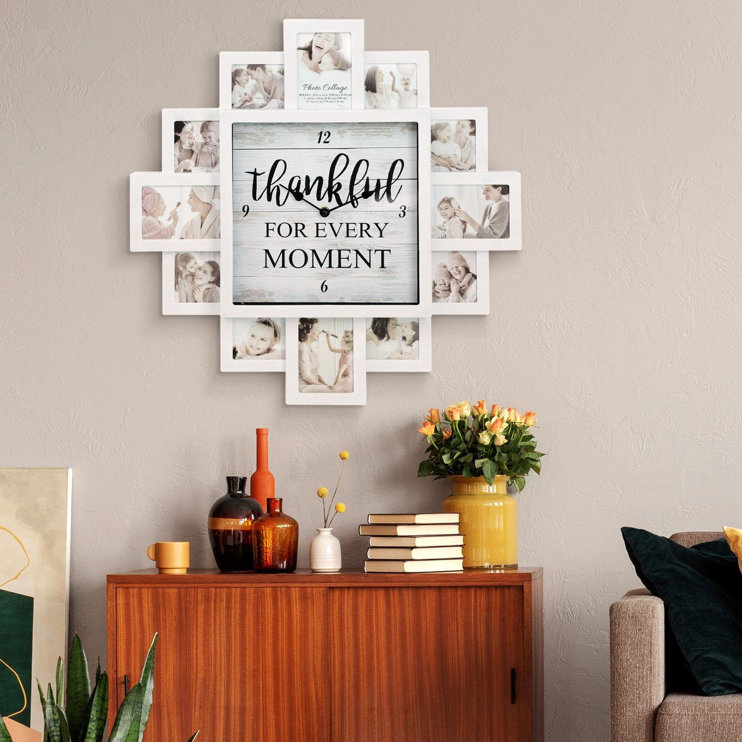 White Farmhouse Shabby-Chic "Thankful" Picture Frame Wall Collage Clock