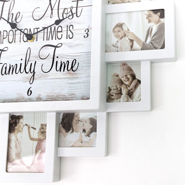 White Farmhouse Shabby-Chic "Family Time" Picture Frame Wall Collage Clock