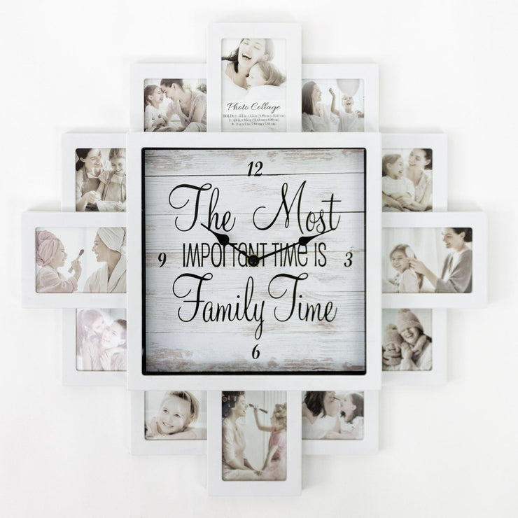 White Farmhouse Shabby-Chic "Family Time" Picture Frame Wall Collage Clock