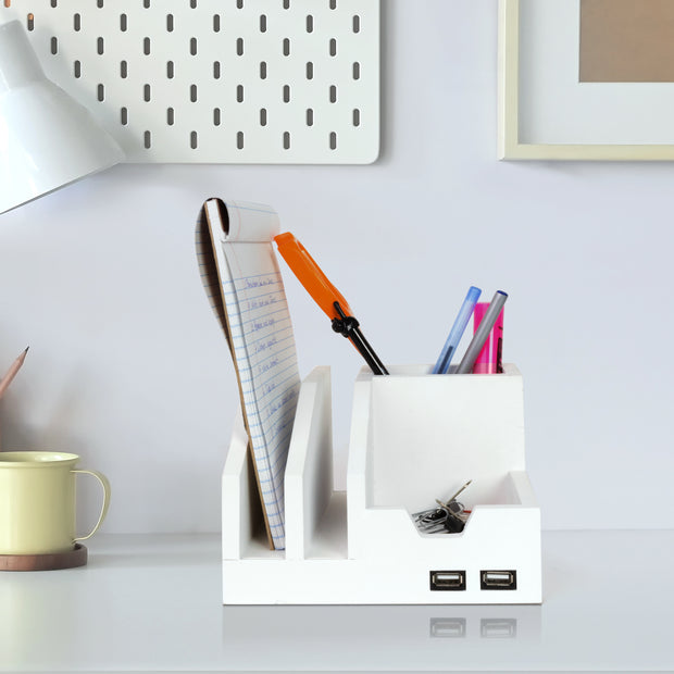 All-in-One Desk File Organizer with USB Charger - White