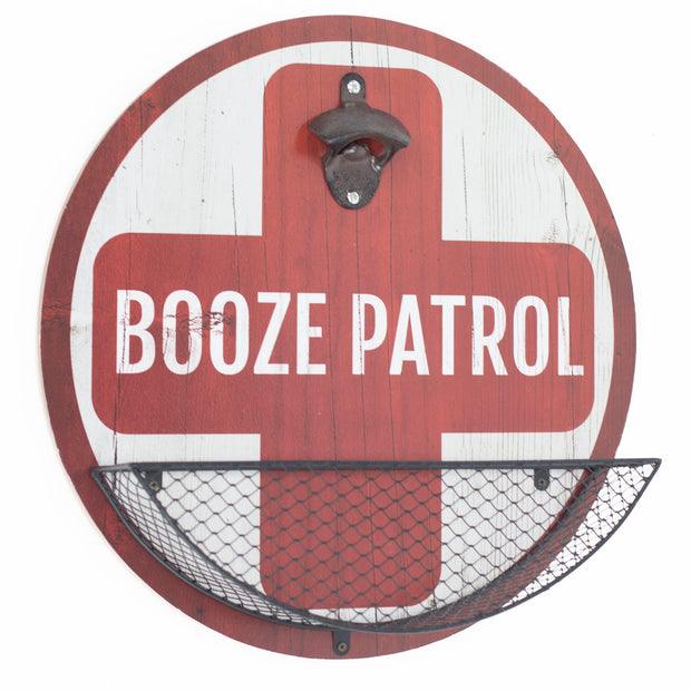 Rustic Vintage 'Booze Patrol' Bottle Opener & Cap Catcher - 14"